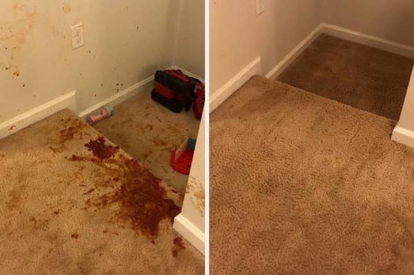 A customer review photo of a carpet with a giant red spill all over the floor and then the same carpet cleaned after using the spray