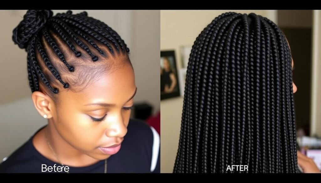 Before and after showing hair growth with protective hair braids Before and after showing hair growth with protective hair braids