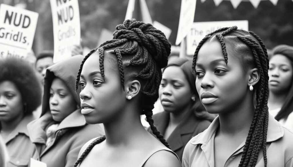 Black Power movement era photograph showing women with natural braided hairstyles as political statements, illustrating the cultural history of braiding as resistance Black Power movement era photograph showing women with natural braided hairstyles as political statements, illustrating the cultural history of braiding as resistance