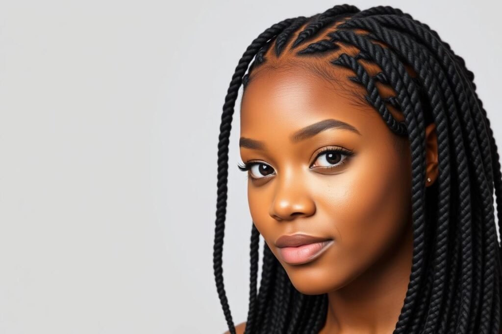 Box braids protective hairstyle on a woman with dark hair Box braids protective hairstyle on a woman with dark hair