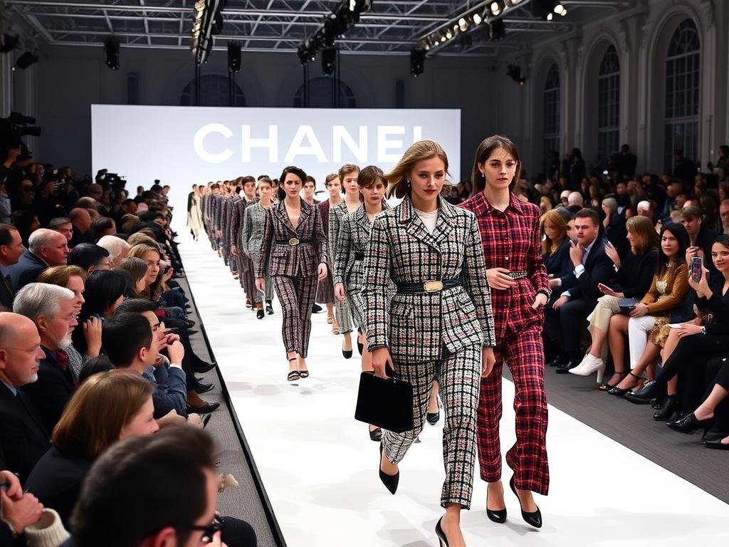 Chanel runway show at Paris Fashion Week featuring classic Chanel styling with modern elements Chanel runway show at Paris Fashion Week featuring classic Chanel styling with modern elements