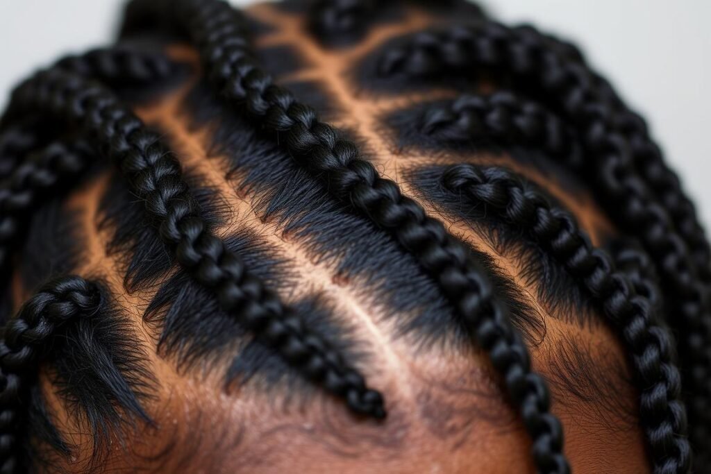 Close-up of box braids showing the square-shaped partings that give them their name, part of the cultural history of braiding Close-up of box braids showing the square-shaped partings that give them their name, part of the cultural history of braiding