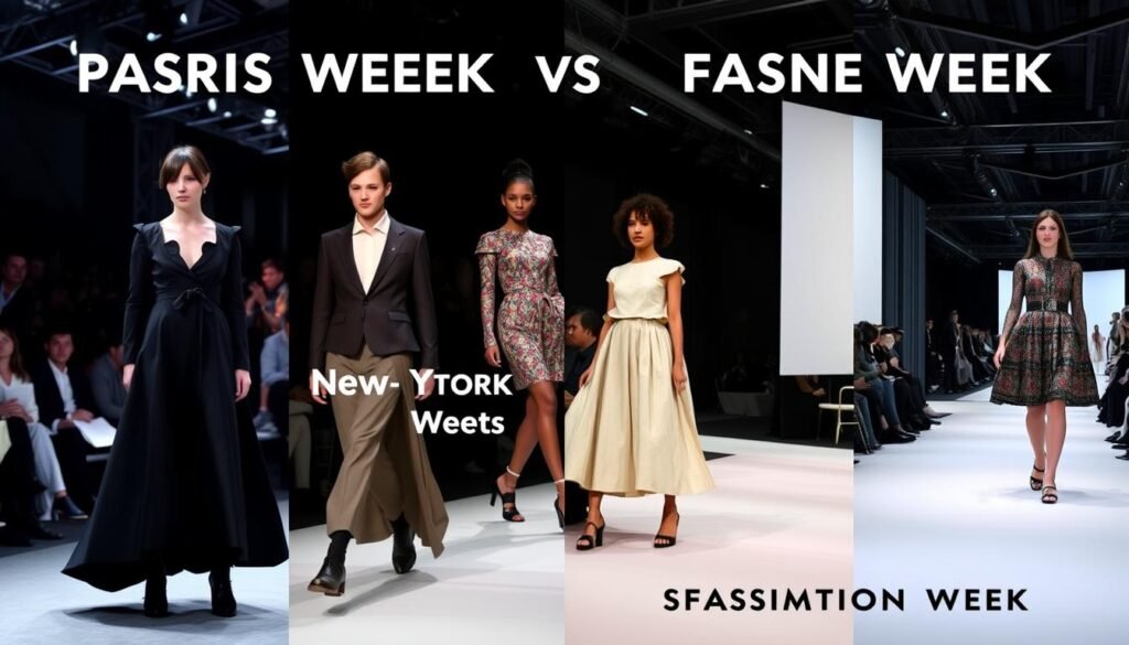Collage comparing runway scenes from Paris, New York, Milan, and London Fashion Weeks Collage comparing runway scenes from Paris, New York, Milan, and London Fashion Weeks