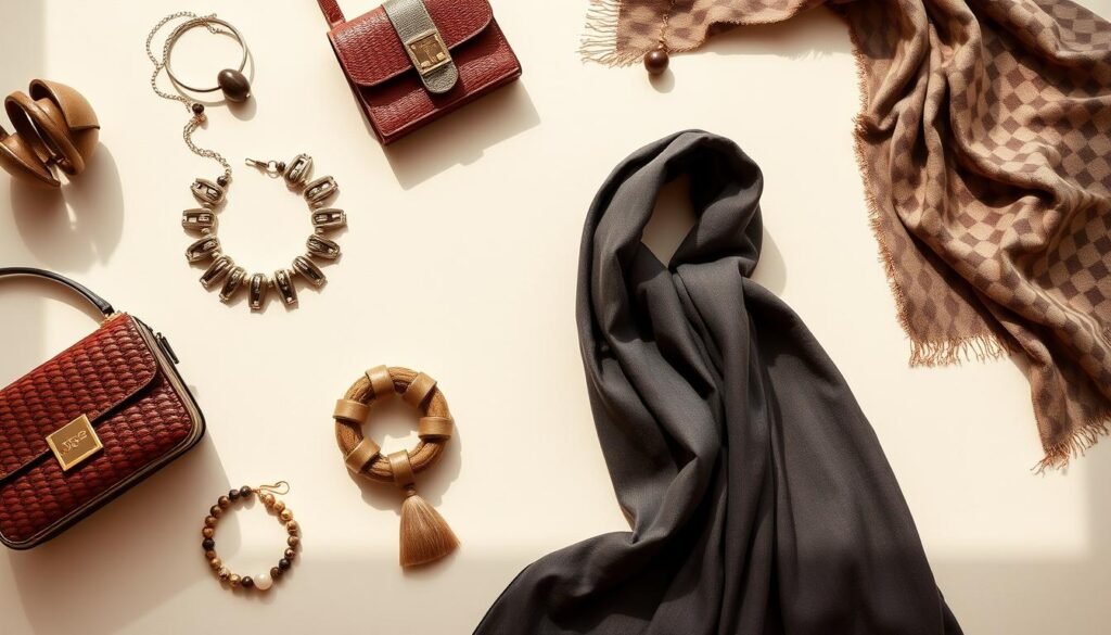 Collection of trending women's accessories for 2025 including bags, jewelry and scarves
