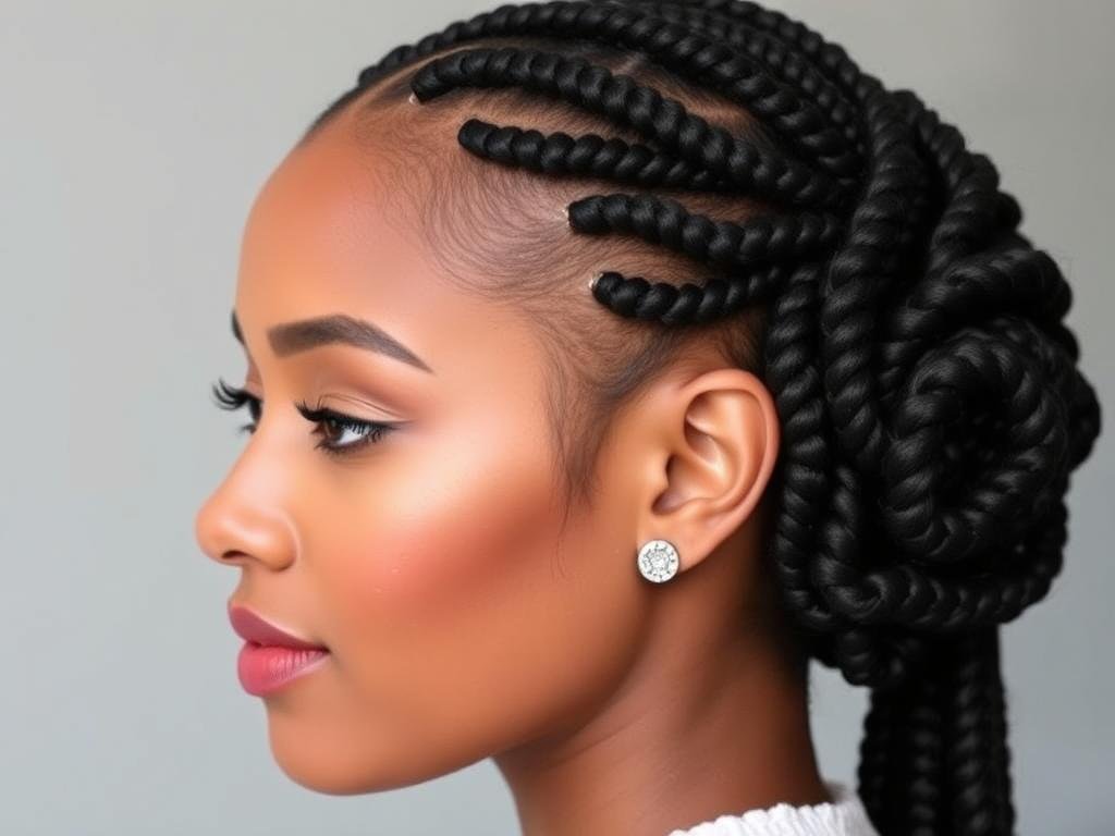 Cornrow protective hair braids styled in an updo Cornrow protective hair braids styled in an updo