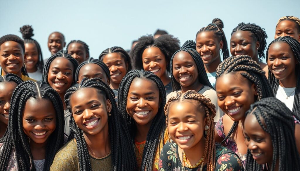 Diverse group of people with various cultural braiding styles from around the world, celebrating the global cultural history of braiding Diverse group of people with various cultural braiding styles from around the world, celebrating the global cultural history of braiding