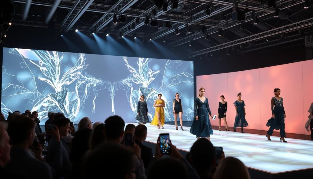 Futuristic runway presentation at Paris Fashion Week featuring digital elements and sustainable materials Futuristic runway presentation at Paris Fashion Week featuring digital elements and sustainable materials