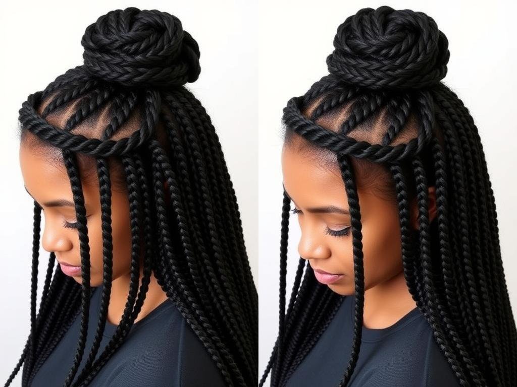 Half-up half-down style with protective hair braids Half-up half-down style with protective hair braids