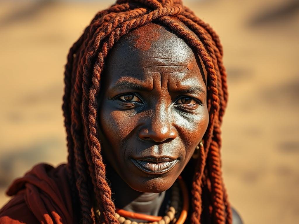 Himba woman from Namibia with traditional red clay braids, showcasing the cultural history of braiding in indigenous African communities Himba woman from Namibia with traditional red clay braids, showcasing the cultural history of braiding in indigenous African communities