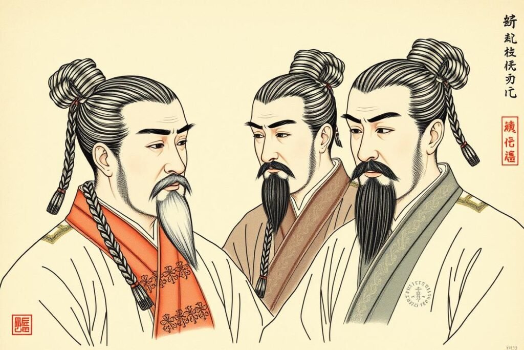 Historical illustration of Chinese queue braids from the Qing dynasty, showing the cultural history of braiding in East Asia Historical illustration of Chinese queue braids from the Qing dynasty, showing the cultural history of braiding in East Asia