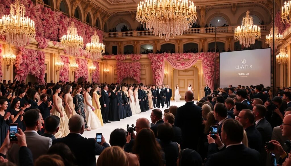 Iconic Paris Fashion Week finale with models and designer taking a bow on an elaborate runway Iconic Paris Fashion Week finale with models and designer taking a bow on an elaborate runway
