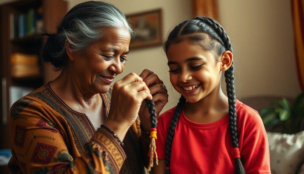 Intergenerational braiding scene with grandmother teaching granddaughter traditional techniques, illustrating the cultural history of braiding as knowledge transmission Intergenerational braiding scene with grandmother teaching granddaughter traditional techniques, illustrating the cultural history of braiding as knowledge transmission