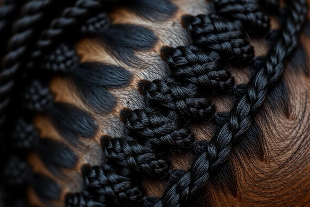 Intricate cornrow braiding pattern showing geometric designs, illustrating the cultural history of braiding techniques Intricate cornrow braiding pattern showing geometric designs, illustrating the cultural history of braiding techniques