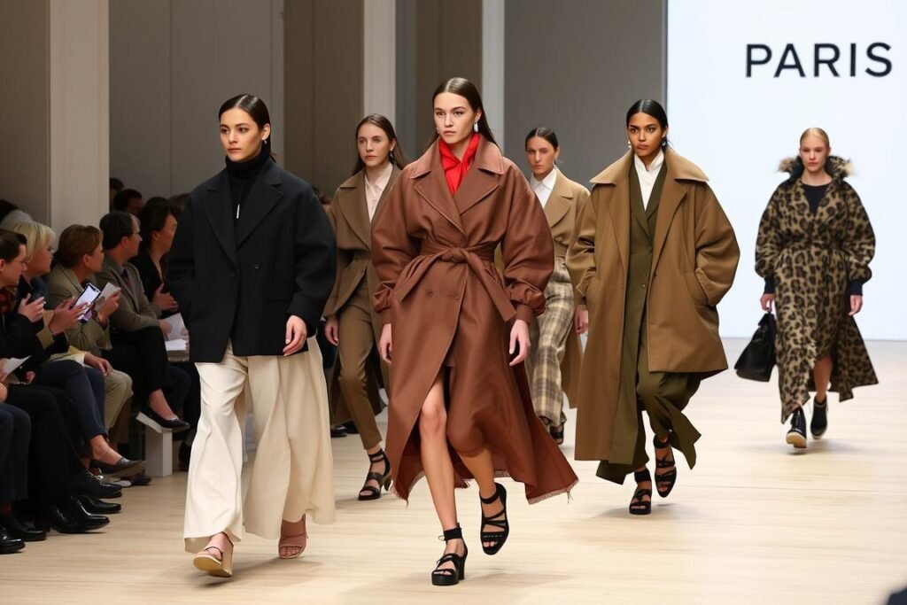 Models showcasing the oversized silhouettes trend at Paris Fashion Week with exaggerated proportions Models showcasing the oversized silhouettes trend at Paris Fashion Week with exaggerated proportions