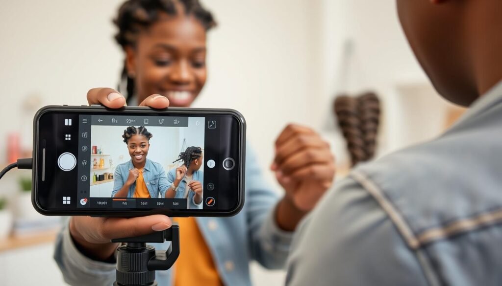Modern social media influencer creating braiding tutorial content, showing the contemporary cultural history of braiding in digital spaces Modern social media influencer creating braiding tutorial content, showing the contemporary cultural history of braiding in digital spaces