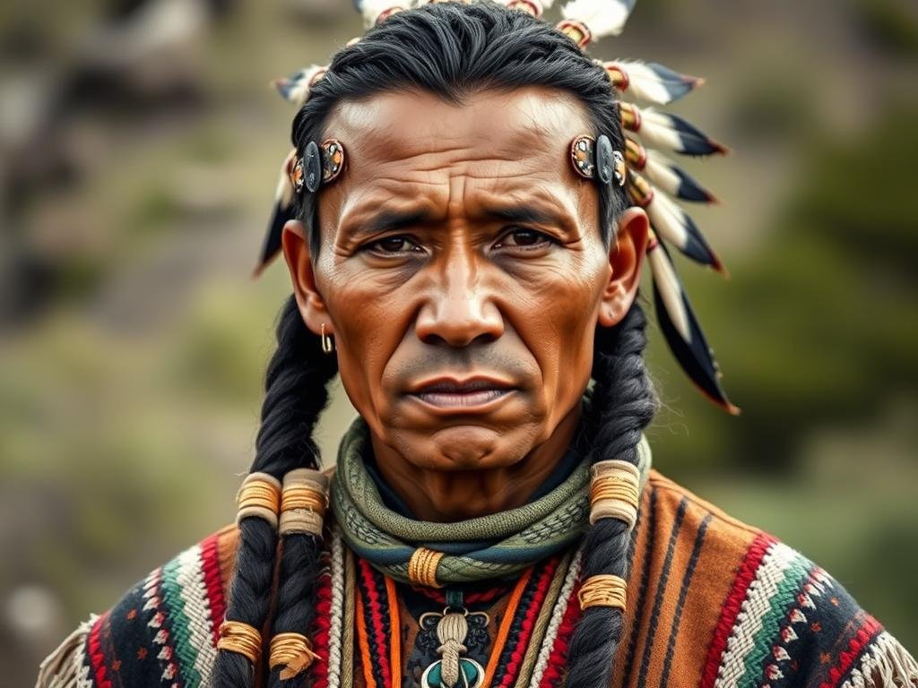 Native American man with traditional braids wrapped in decorative material, representing the cultural history of braiding in Indigenous communities Native American man with traditional braids wrapped in decorative material, representing the cultural history of braiding in Indigenous communities