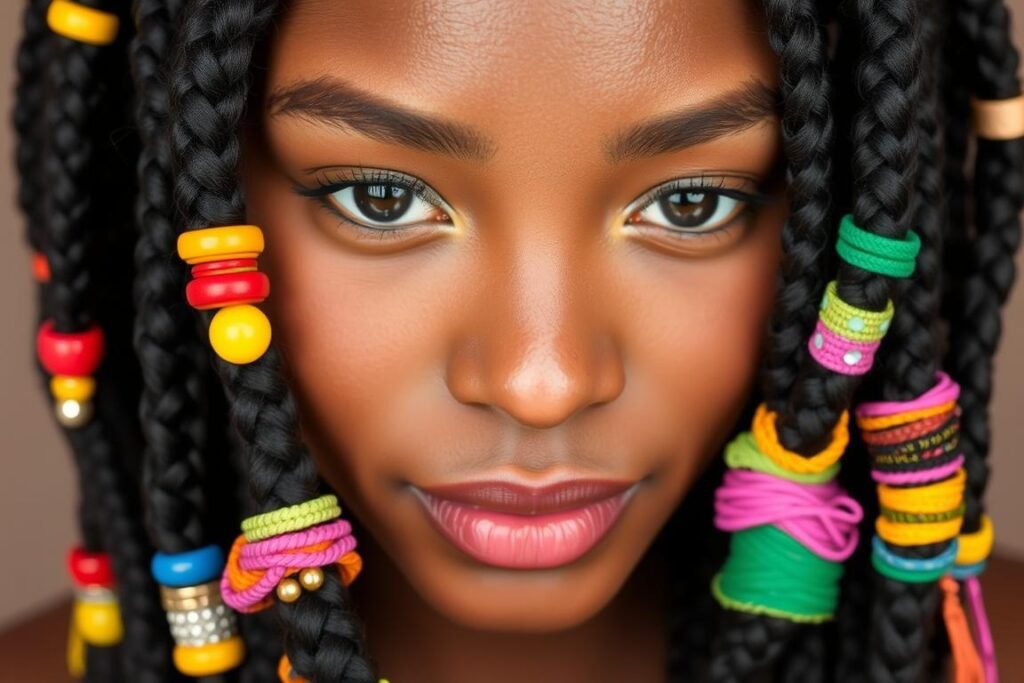 Protective hair braids with colorful accessories and beads Protective hair braids with colorful accessories and beads
