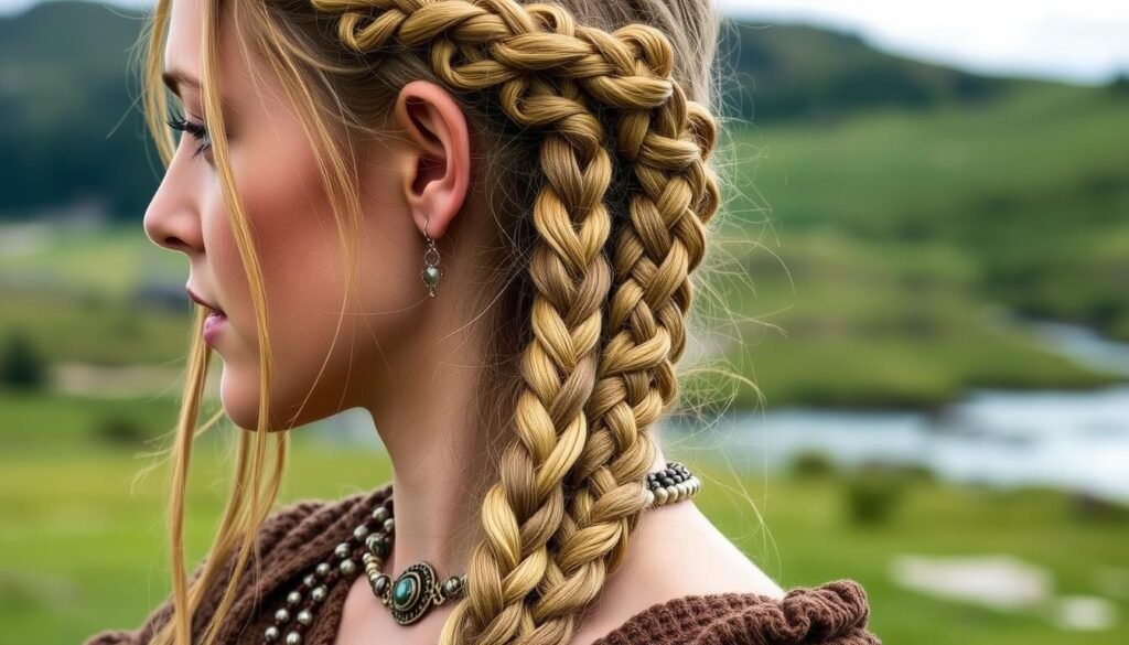 Recreation of Viking-era braided hairstyles on a woman with traditional jewelry, illustrating the cultural history of braiding in Northern Europe Recreation of Viking-era braided hairstyles on a woman with traditional jewelry, illustrating the cultural history of braiding in Northern Europe