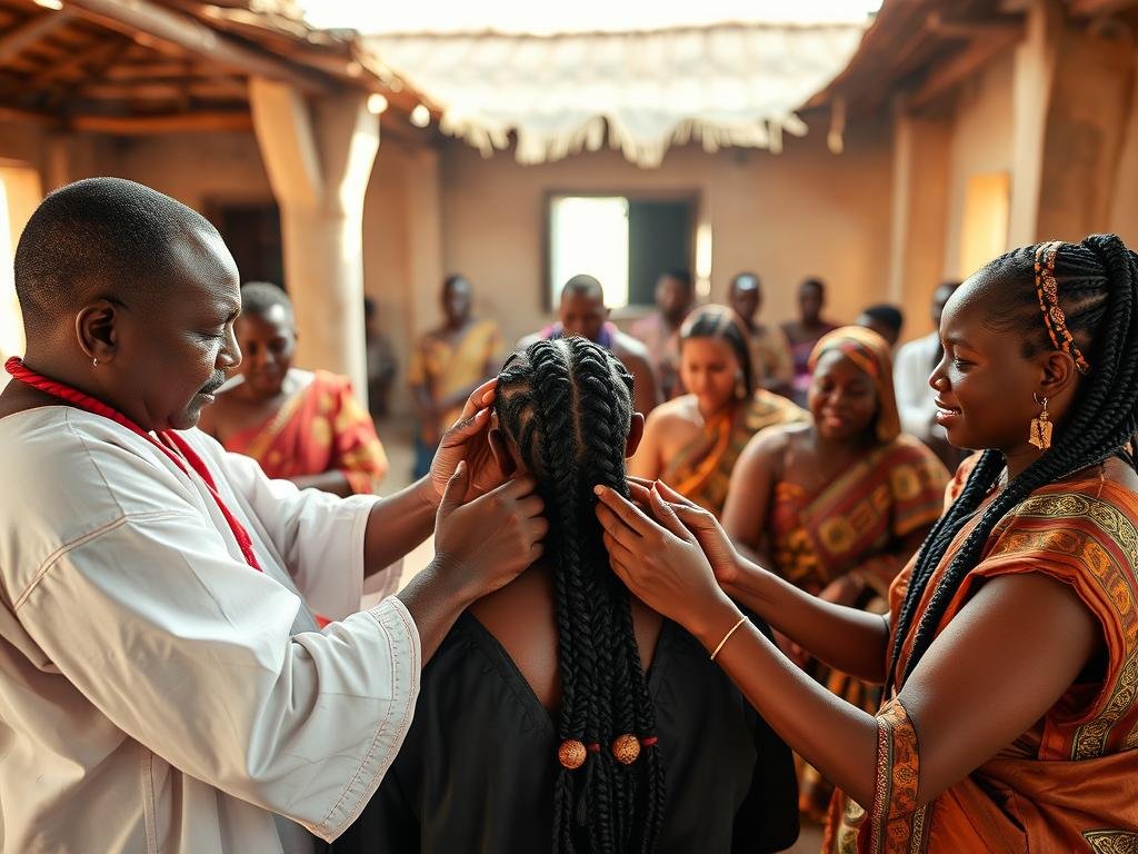Spiritual ceremony involving hair braiding in a traditional African setting, showing the cultural history of braiding in religious contexts