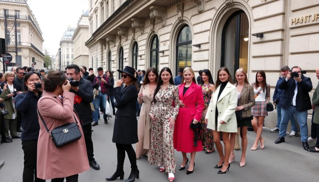 Street style photographers capturing fashion influencers outside a Paris Fashion Week venue Street style photographers capturing fashion influencers outside a Paris Fashion Week venue