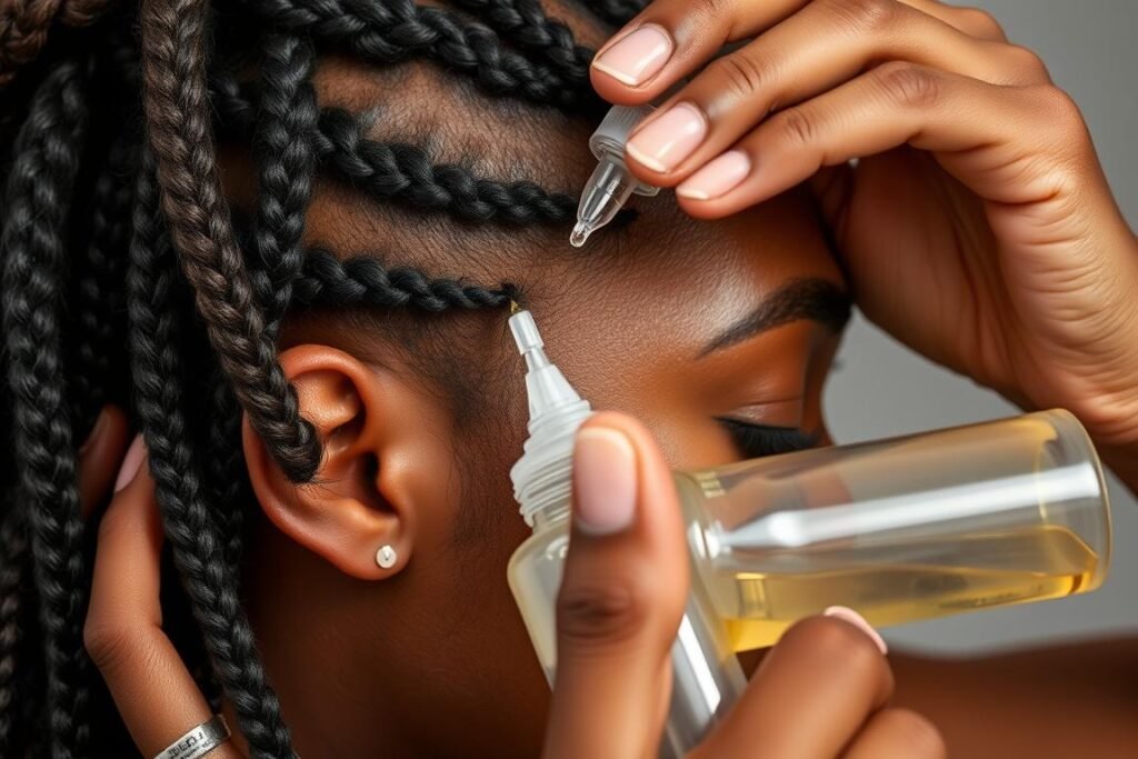 Woman applying oil to her scalp with protective hair braids Woman applying oil to her scalp with protective hair braids