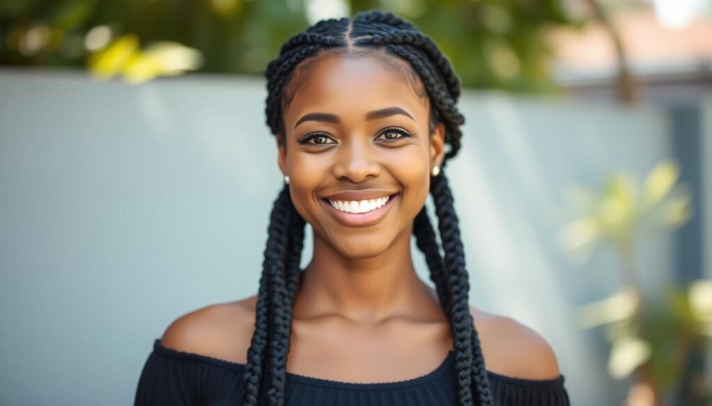 Woman with beautiful protective hair braids smiling confidently Woman with beautiful protective hair braids smiling confidently
