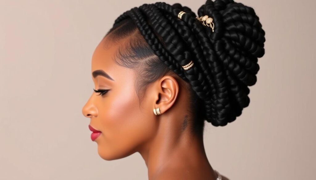 Woman with protective hair braids styled in an elegant updo with accessories Woman with protective hair braids styled in an elegant updo with accessories