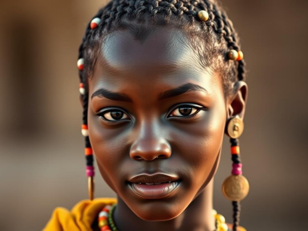 Young woman with traditional Fulani braids adorned with beads and coins, showing the cultural history of braiding in West Africa Young woman with traditional Fulani braids adorned with beads and coins, showing the cultural history of braiding in West Africa