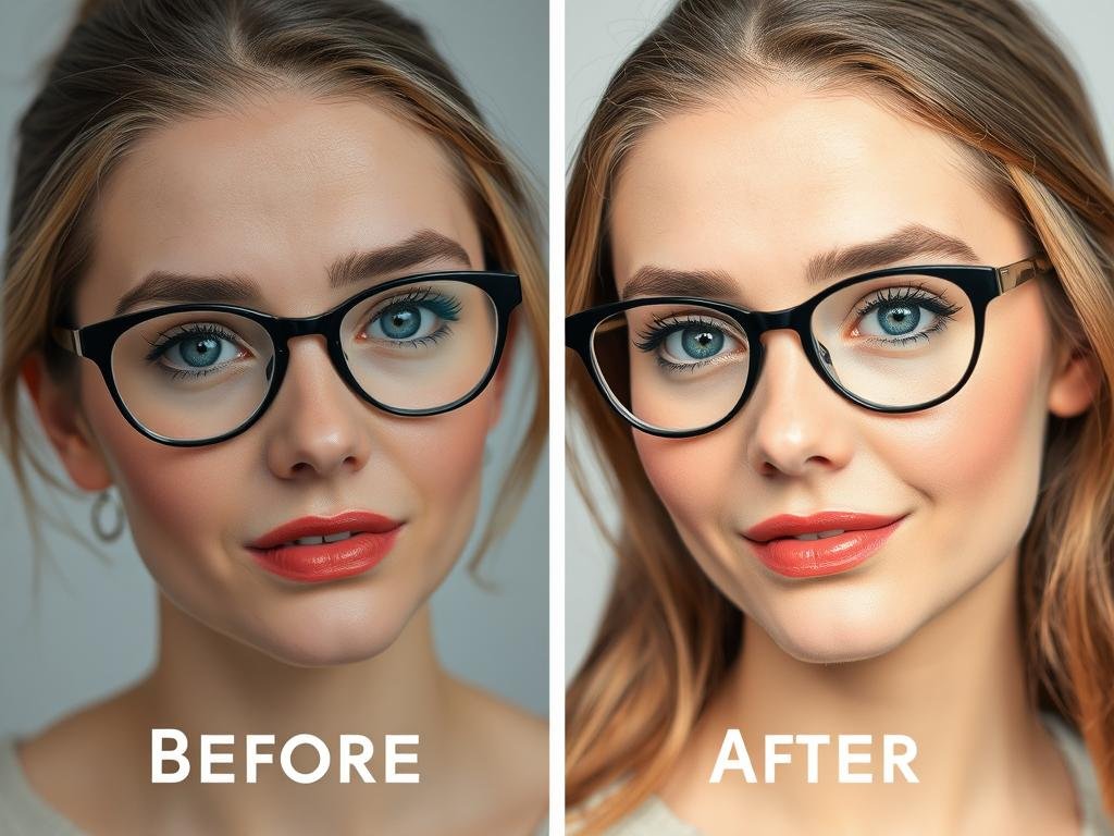 Before and after of proper under-eye concealing technique for makeup for glasses wearers