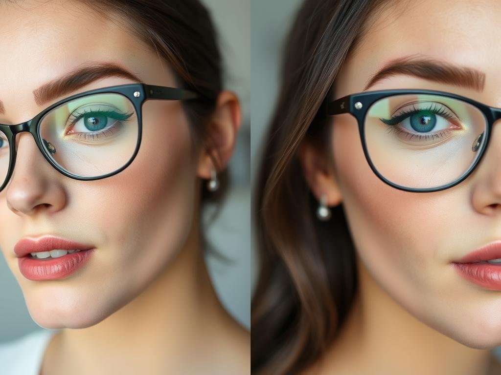 Before and after of under-eye concealing technique for glasses wearers, showing makeup for glasses wearers techniques