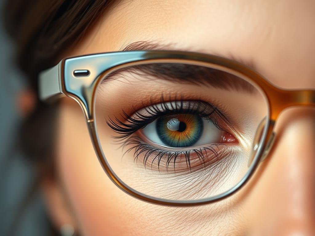 Close-up of eye makeup with rimless glasses, showing makeup for glasses wearers possibilities