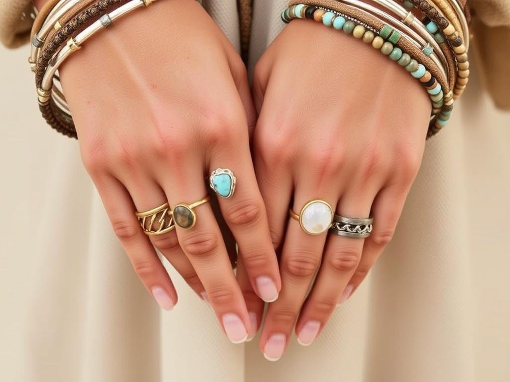 Close-up of hands with stacked rings and bracelets mixing gold, silver and natural materials - boho chic accessory styling