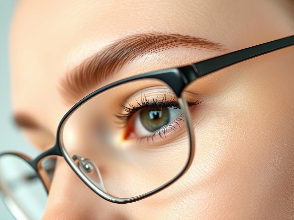 Close-up of perfectly groomed eyebrows with thin-framed glasses, showing makeup for glasses wearers techniques