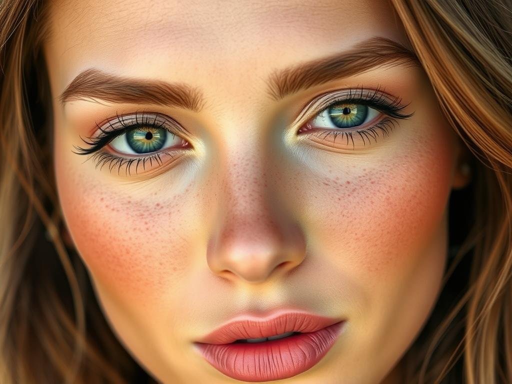 Close-up of woman with natural boho makeup featuring glowing skin, subtle highlight, and neutral lips - boho chic beauty