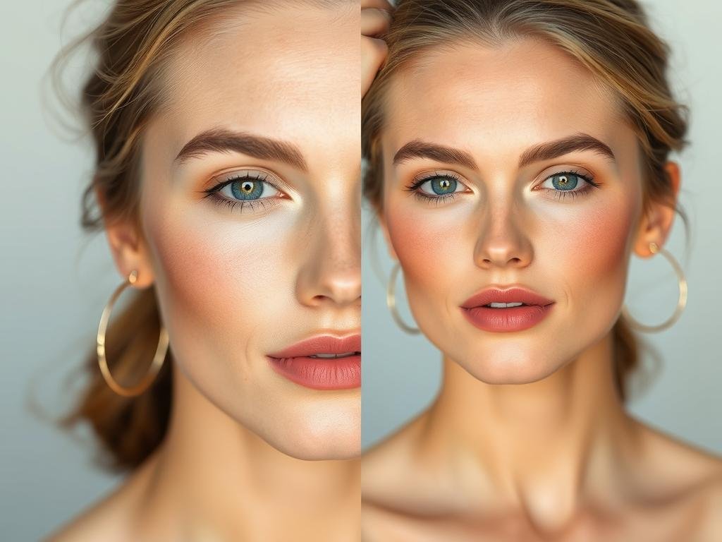 Comparison of face with and without blush/bronzer application