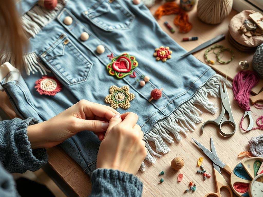 DIY boho crafting session showing embroidery being added to plain denim jacket - sustainable boho crafting