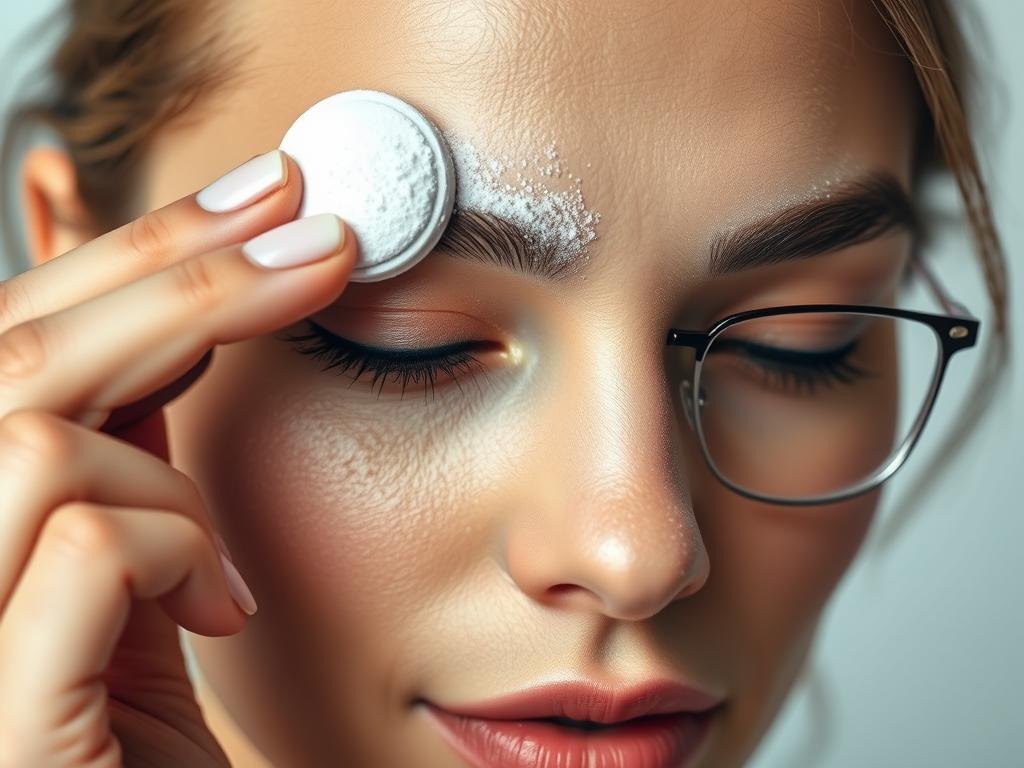 Demonstration of applying setting powder to the bridge of the nose for makeup for glasses wearers