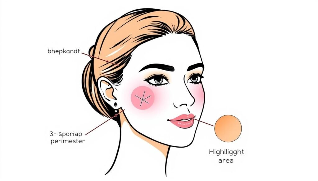 Diagram showing proper placement of blush, bronzer, and highlighter on face