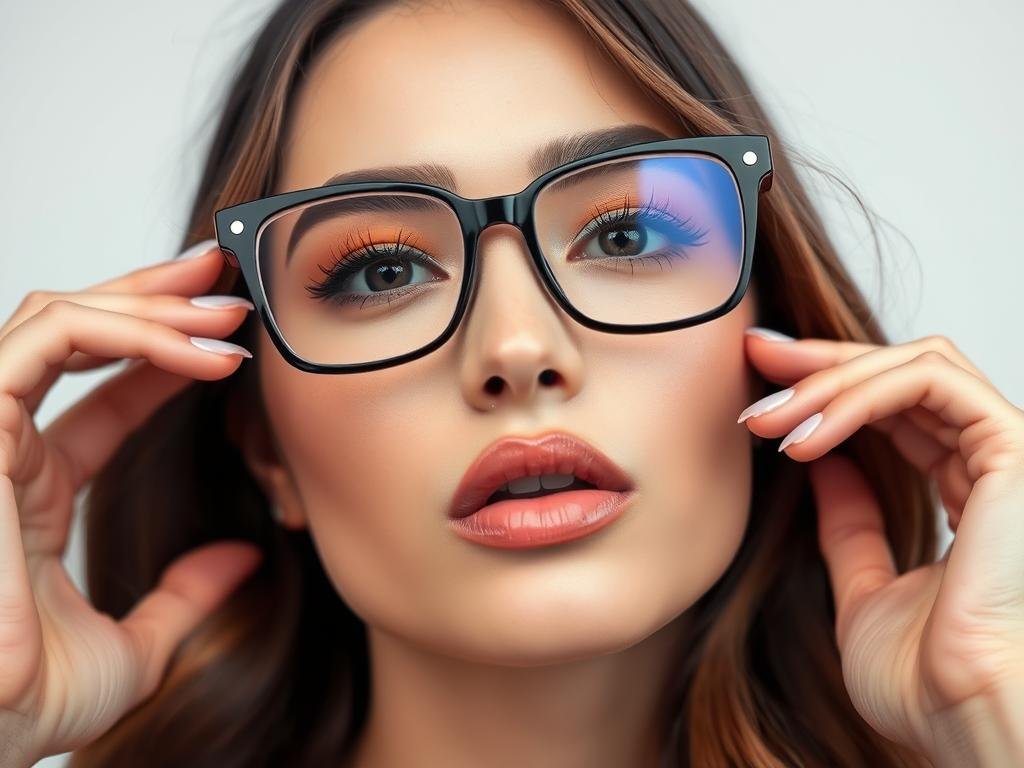 Model wearing rectangular frames with balanced makeup, demonstrating makeup for glasses wearers techniques
