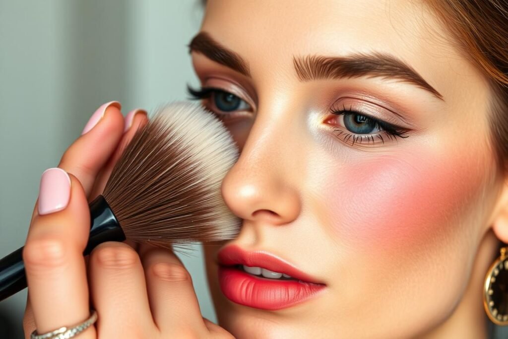 Proper blush application technique on the apples of cheeks