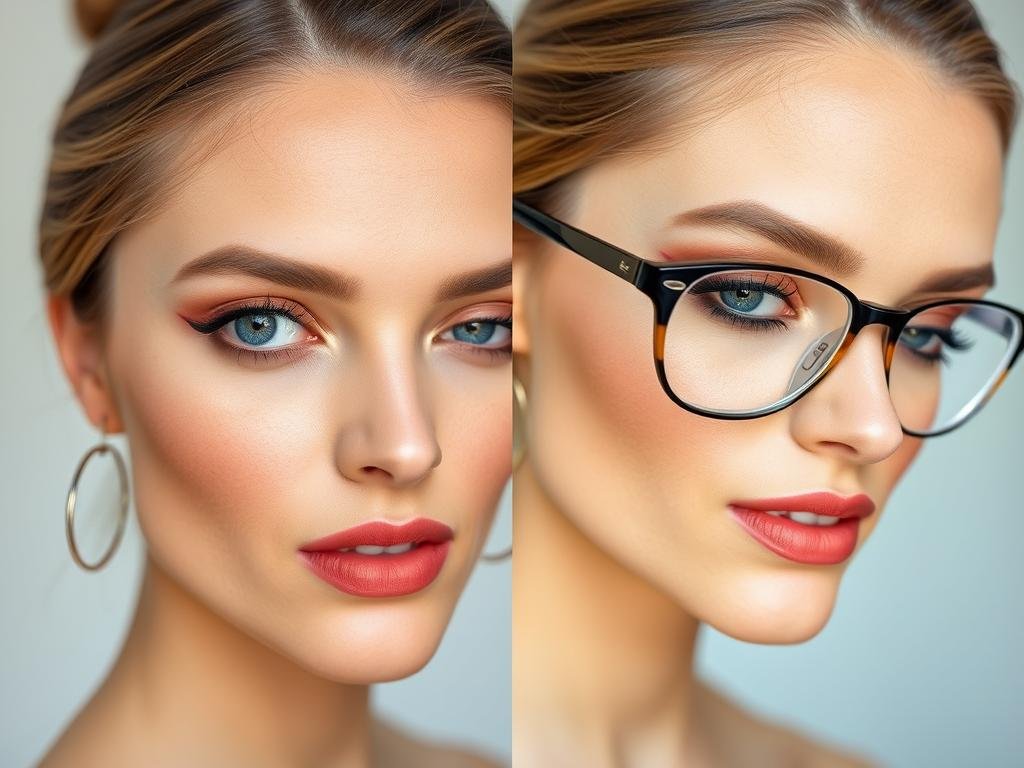 Side-by-side comparison of eyeshadow styles with different frame types for makeup for glasses wearers