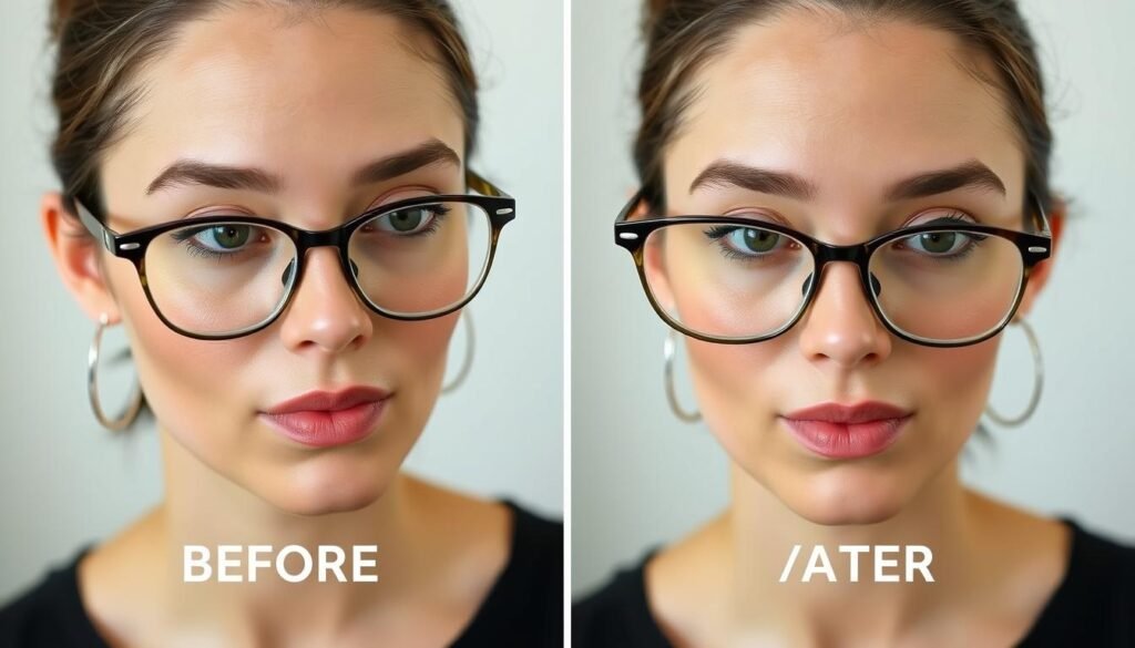 Side-by-side comparison of makeup mistakes and corrections for makeup for glasses wearers