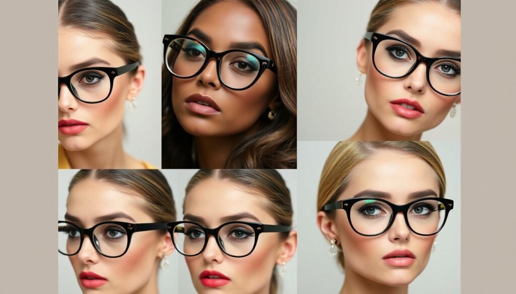 Various frame styles with corresponding makeup looks for makeup for glasses wearers