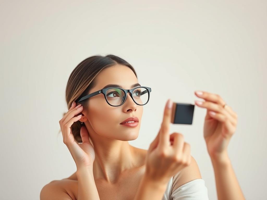 Woman applying lightweight foundation while wearing glasses, showing makeup for glasses wearers techniques