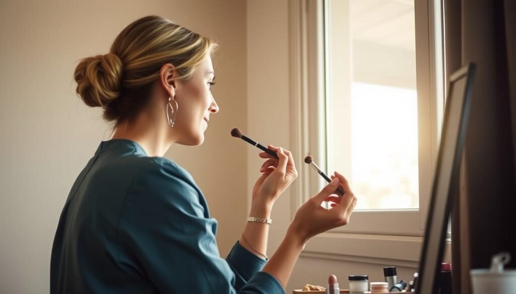 Woman applying makeup in natural lighting