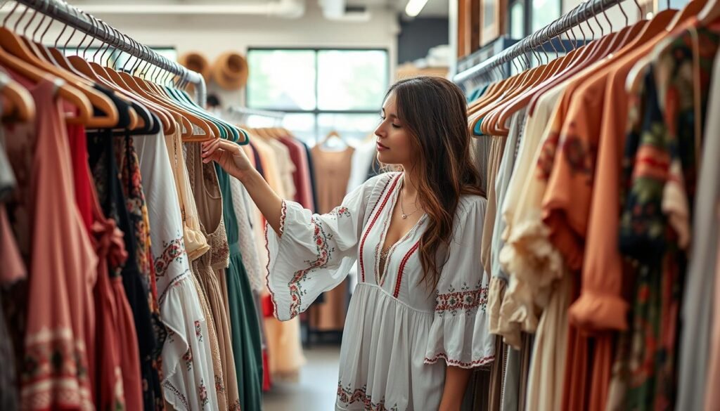 Woman browsing through racks of boho clothing at a thrift store - budget-friendly boho shopping