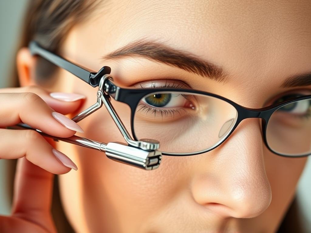 Woman curling eyelashes before applying mascara, essential for makeup for glasses wearers
