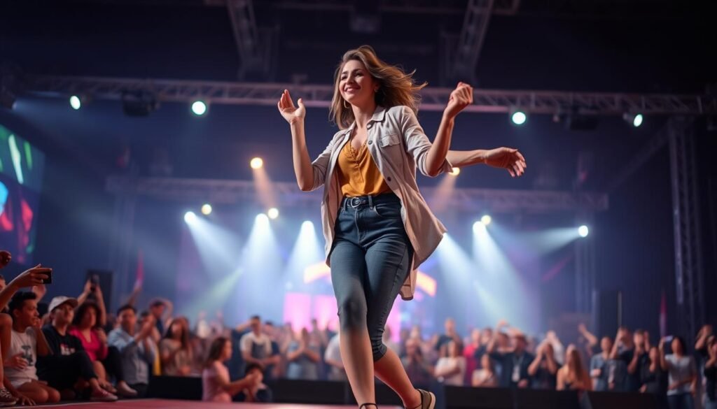 Woman dancing comfortably in stylish concert outfit
