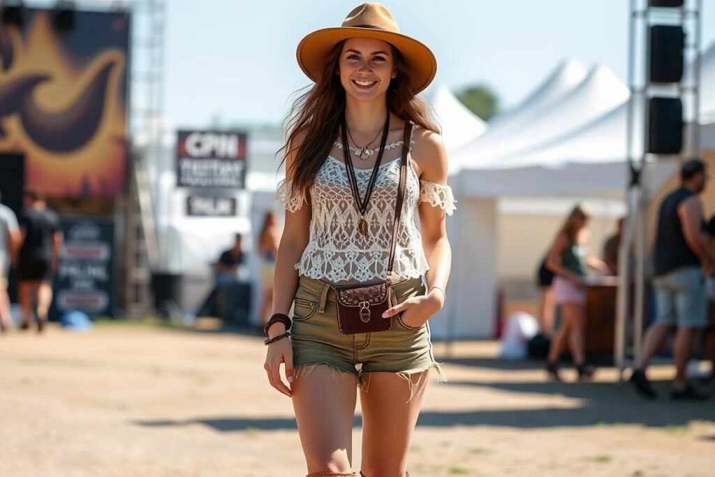 Woman in boho festival outfit with layered accessories
