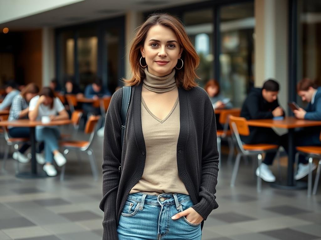Woman in layered knits for affordable back to school outfit